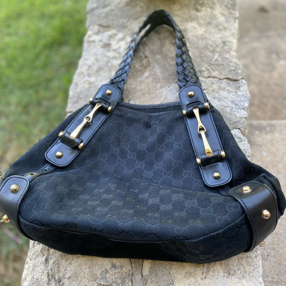 💯authentic GUCCI Black “GG” logo canvas horsebit hobo shoulder